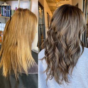 before after hair color at glo extensions denver