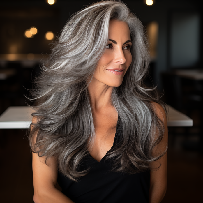 silver fox hair color grey hair transitioning denver