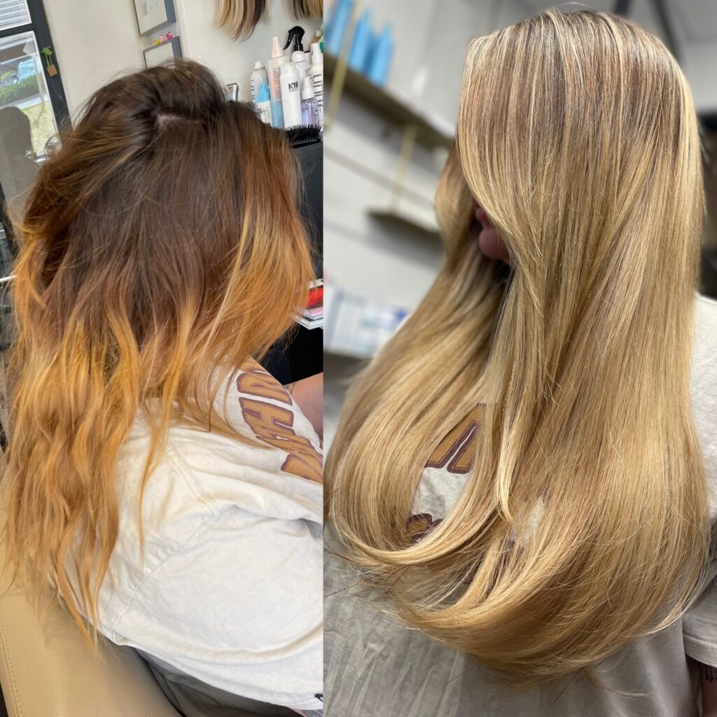 buttery blonde tape in hair extensions with color correction Glo Denver buttery blonde tape in hair extensions with color correction Glo Denver