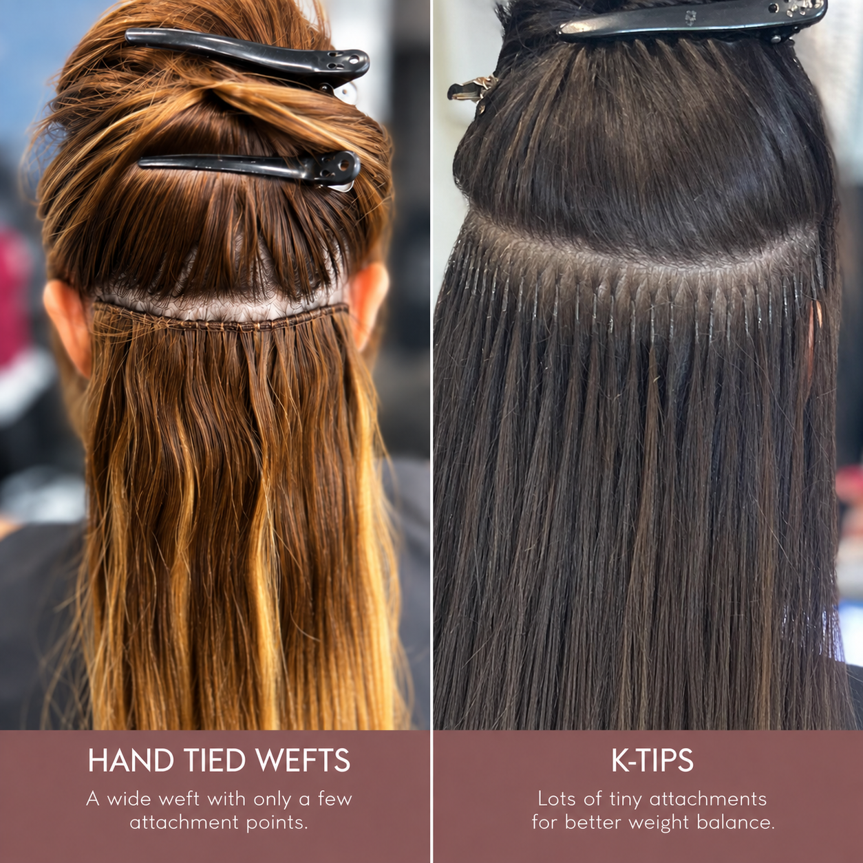 Hand Tied Wefts vs. K Tips Hair Extension compare wefts vs ktips
